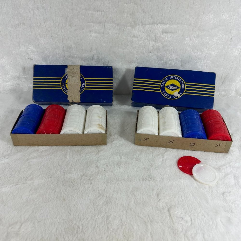 Set Vintage 100 x 2 Lowe Plastic Poker Chips USA Red White Blue original boxes